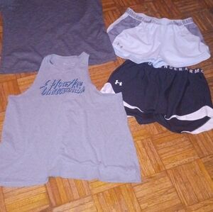 Under Armour Gray Tank with Blue Script + White and Black Running Shorts